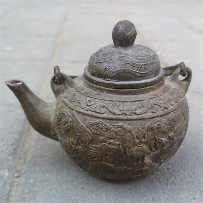 古玩铜器收藏仿古纯铜龙凤呈祥手提壶老铜壶水壶茶壶摆件老物件