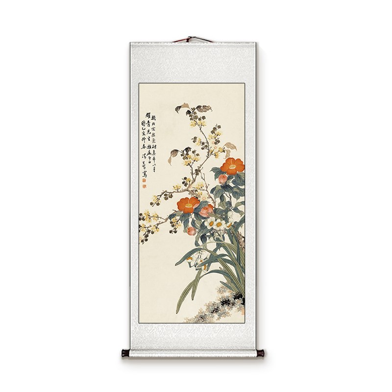 卷轴挂画竖版花鸟国画新中式进门玄关装饰画入户正对门壁画可定制