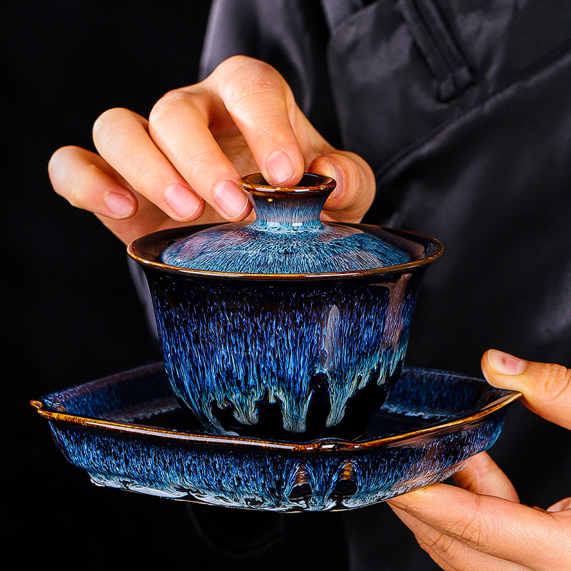 匠仙林宗福窑变三才盖碗茶杯单个高档茶碗家用泡茶大号陶瓷中国风