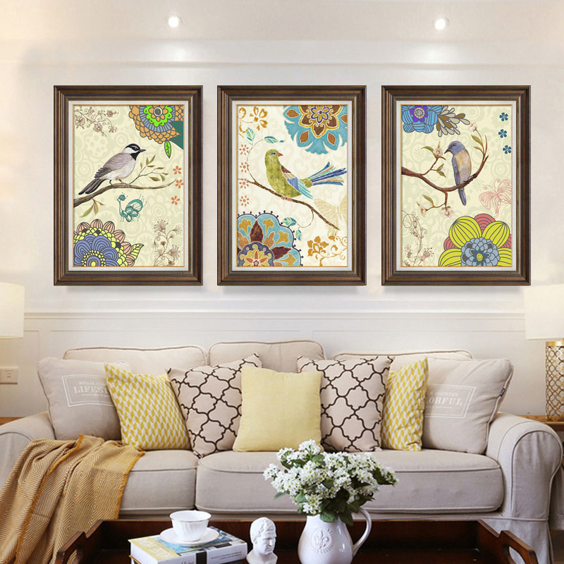 花鸟美式装饰画客厅沙发背景墙挂画卧室餐厅田园壁画欧式三联油画