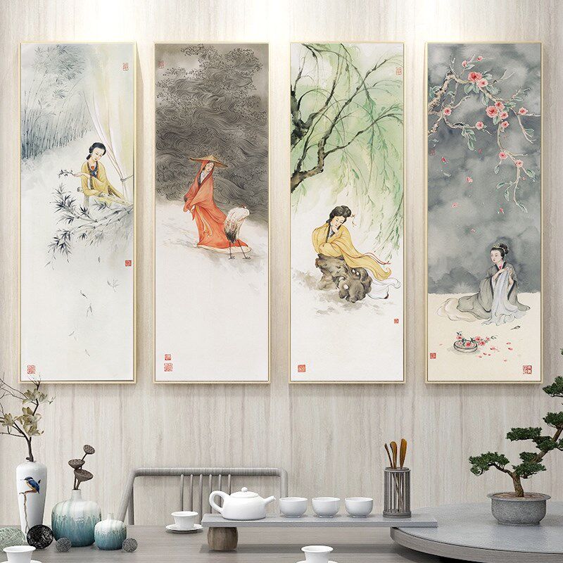 客厅x仕女图 中国四大美女挂画新中式茶室古风定做装饰壁画艺术