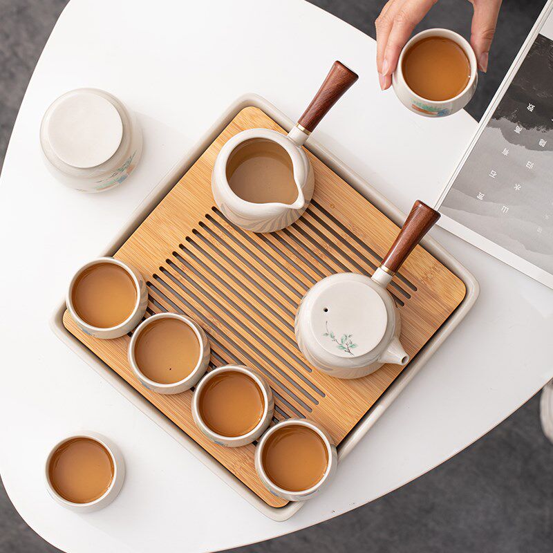 苏氏陶瓷草木灰釉功夫茶具套装实木手柄茶壶竹面储水茶托礼盒装