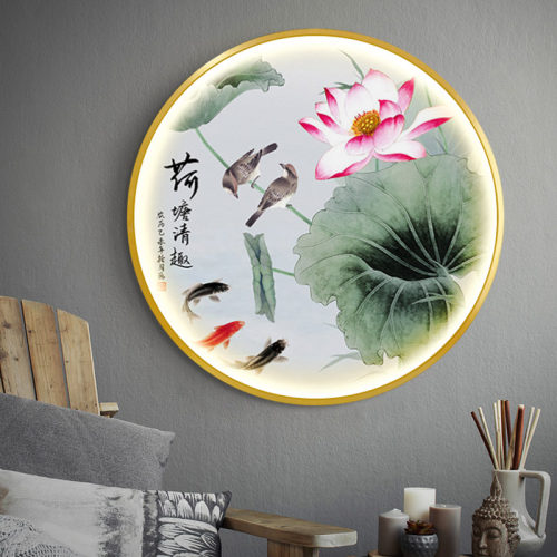 荷花九鱼图新中式入户玄关装饰画圆形过道茶室LED灯画背景墙挂画