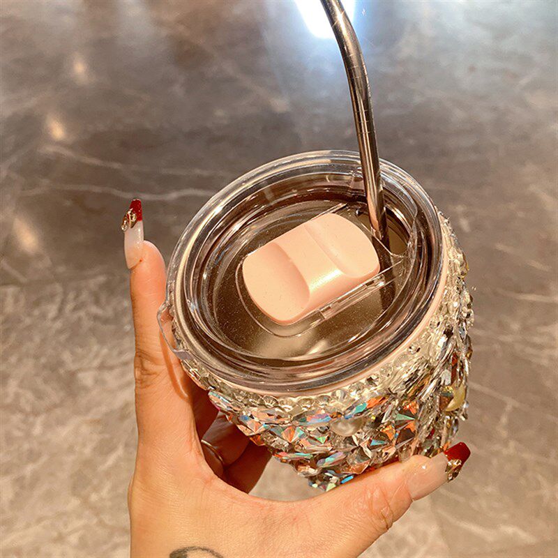 奢华镶钻吸管杯高颜值便携不锈钢水杯带盖韩式办公咖啡杯精致礼品