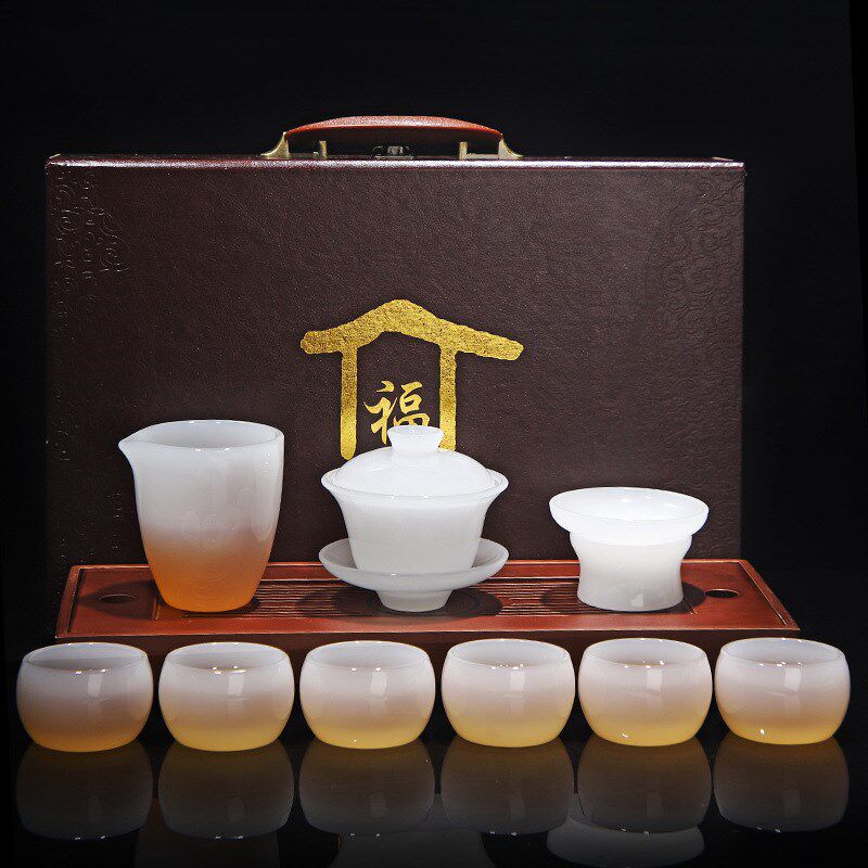高端白玉琉璃玉瓷三才盖碗泡茶碗盖碗小茶杯专用家用功夫茶具套装