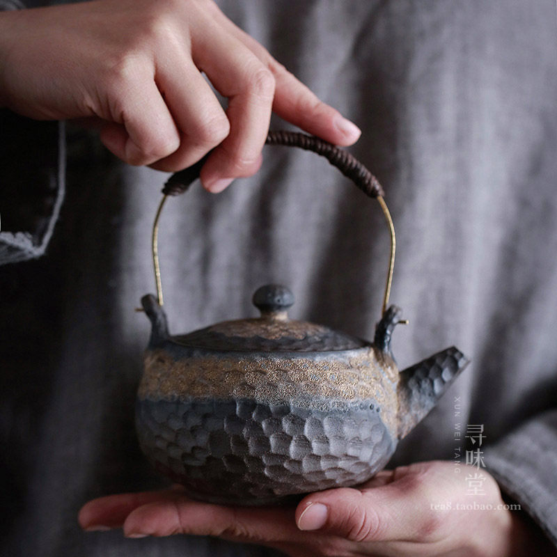 鎏金粗陶提梁壶复古手工日式古早烧铁釉锤目纹茶壶陶瓷功夫茶具