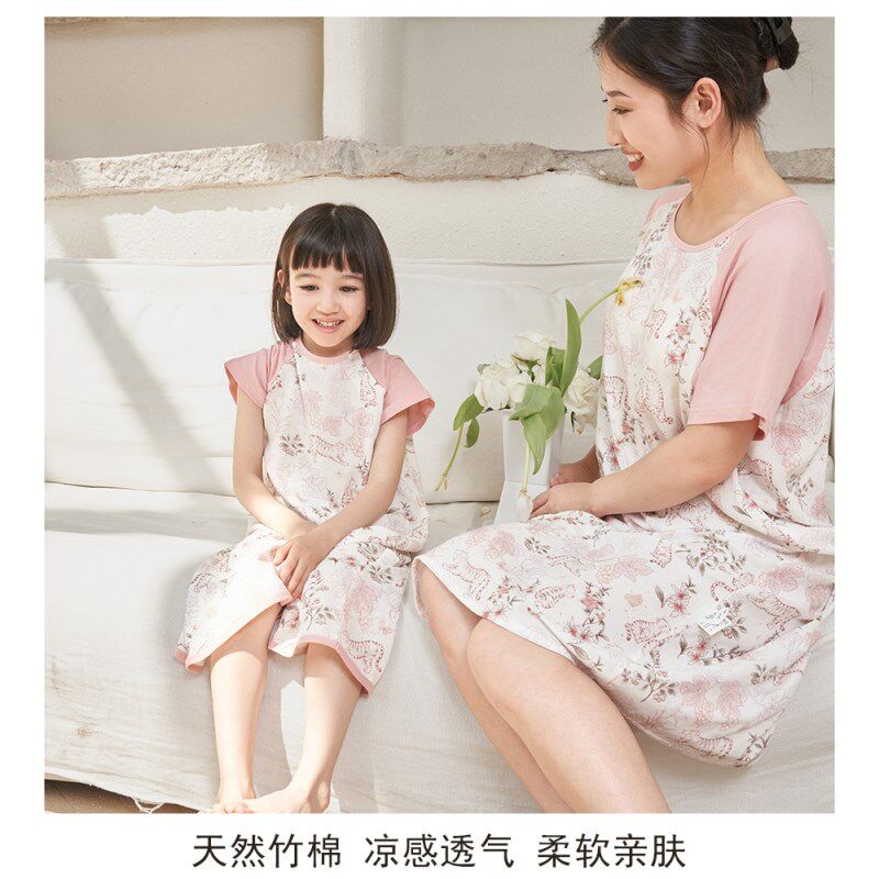 安旦夏季款亲子孕妇睡裙袍宝宝睡衣婴儿童双层竹棉一粒扣睡袋A类