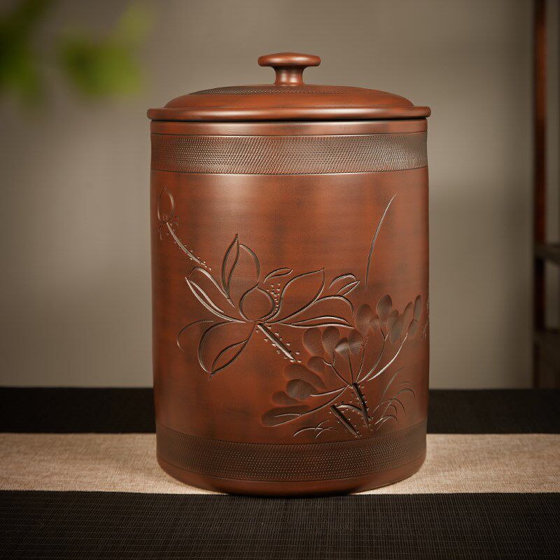 云南建水紫陶茶叶罐手拉坯11饼大容量茶缸醒茶罐浮雕大号普洱茶桶