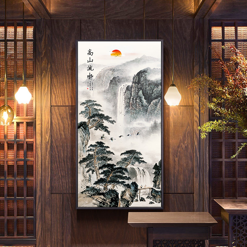 新中式油画中国风山水风景竖版画玄关装饰挂画走廊过道壁画迎客松