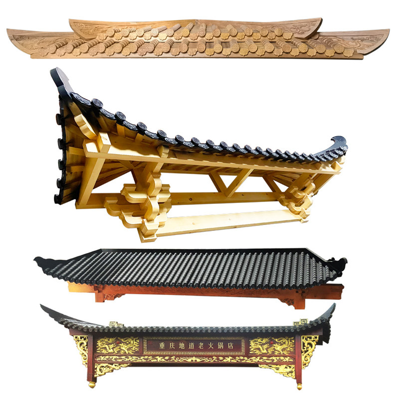 定做仿古屋檐中式飞檐东阳木雕装饰假门头翘脚彩绘实木古建筑门楼
