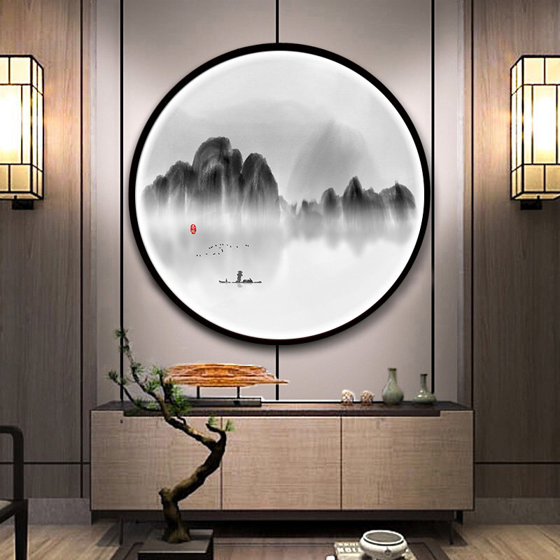 带灯装饰画玄关圆形挂画山水背景入户走廊过道墙壁LED灯发光壁画