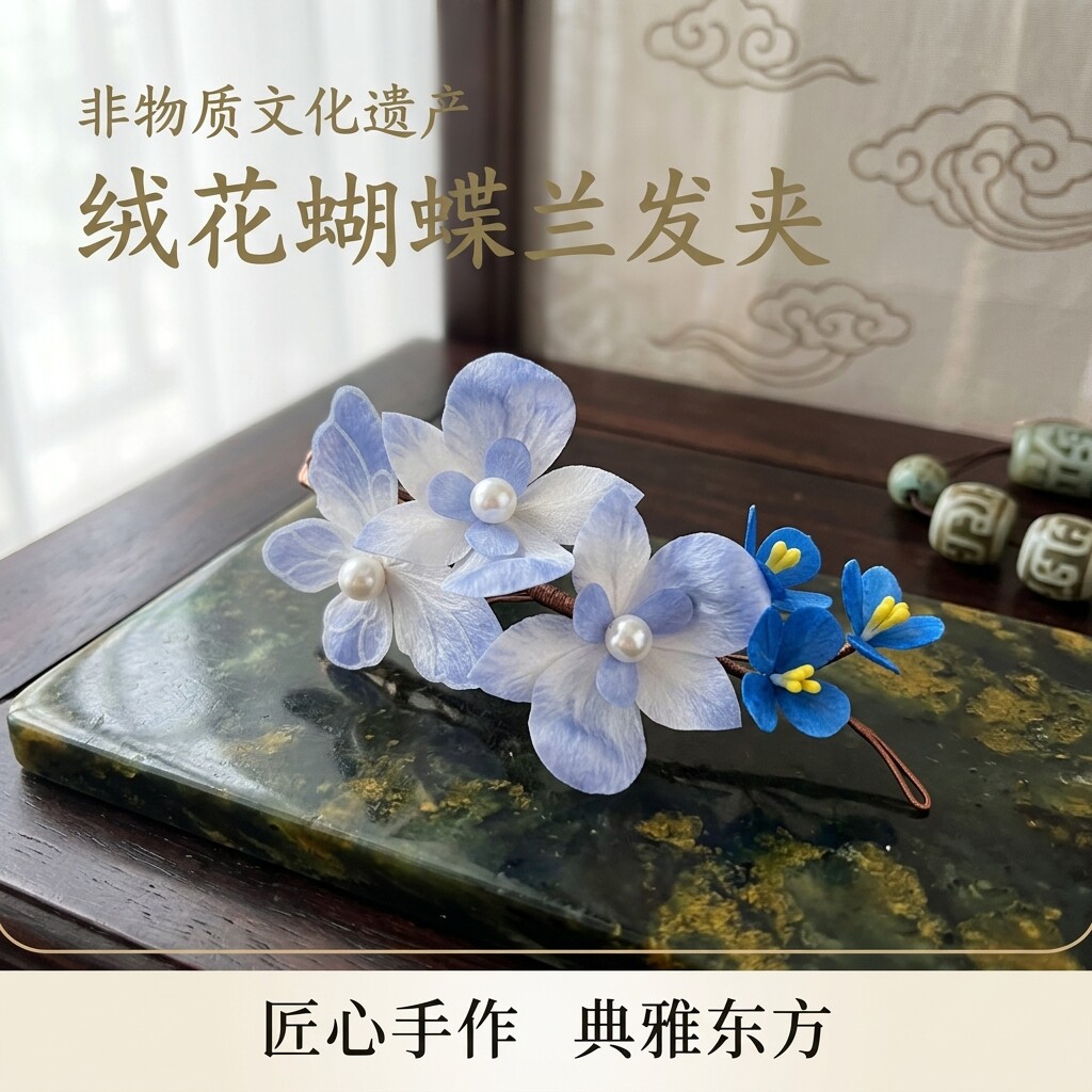 非遗绒花蝴蝶兰发夹新中式蓝色