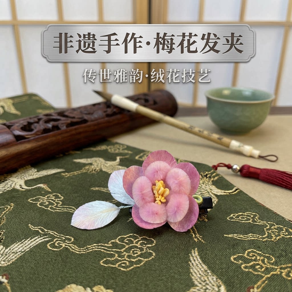 非遗手作梅花绒花发夹新中式