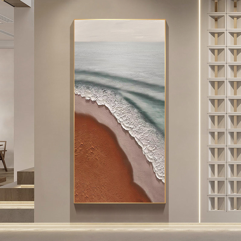 海滩手绘油画个性大气玄关挂画酒店民宿室内墙壁装饰画侘寂风壁画