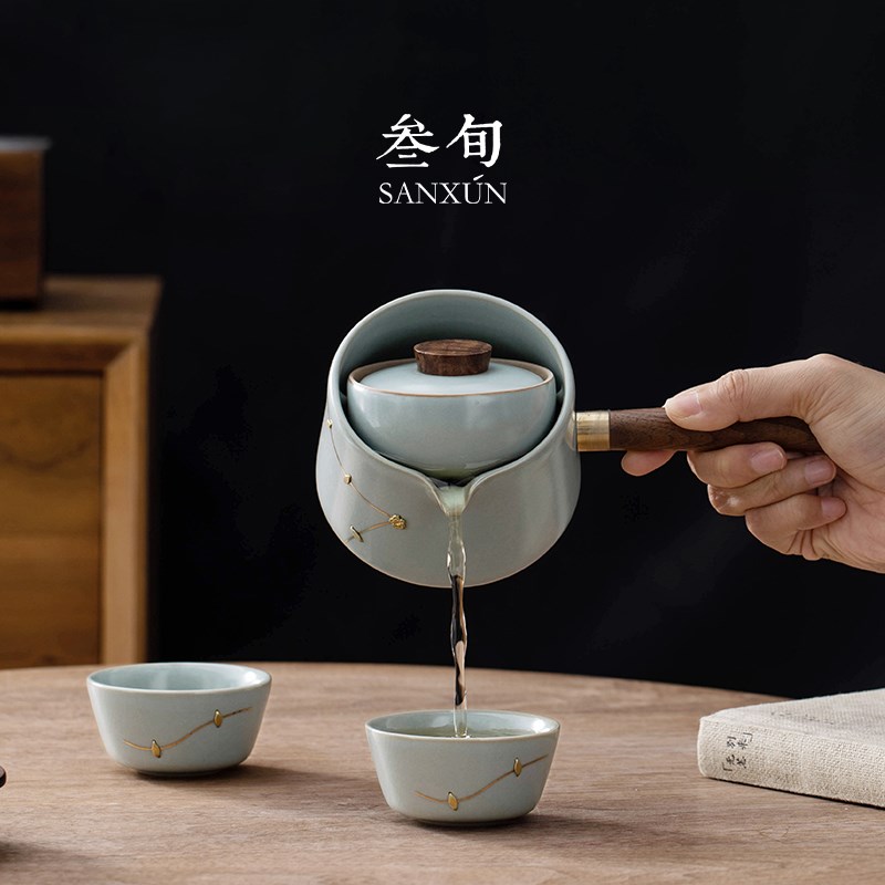 叁旬锔钉汝窑转转泡茶壶家用陶瓷喝茶杯高档茶具懒人自动泡茶神器
