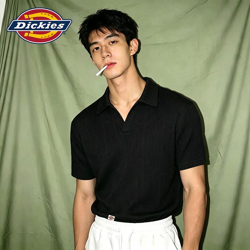 Dickies美式老钱风黑色薄款针织POLO衫男肌理感宽松透气短袖上衣