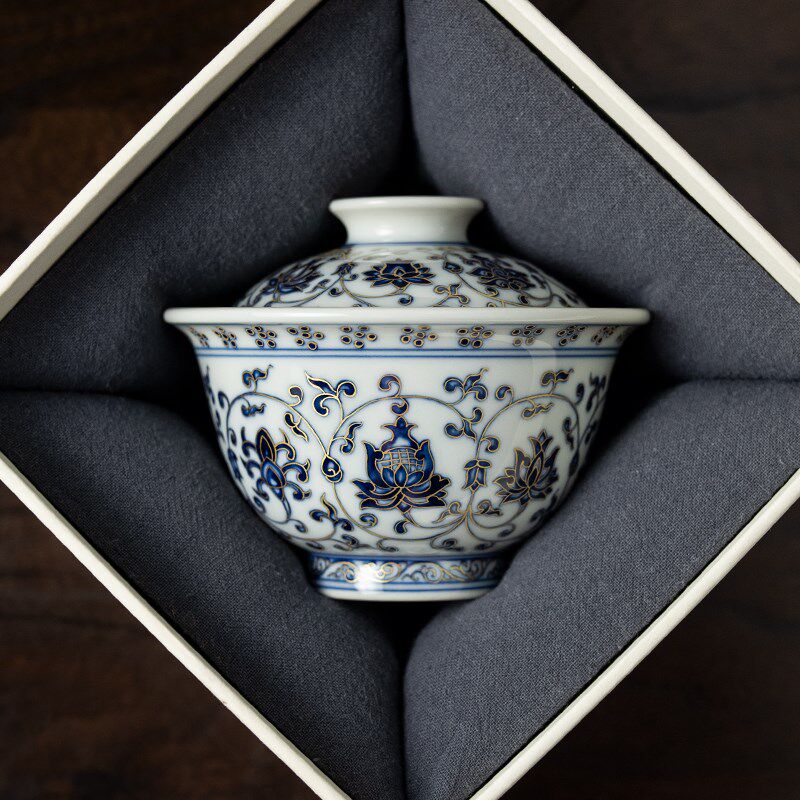 圣山景德镇仿古青花缠枝莲盖碗陶瓷茶具手绘青花茶具压手盖碗茶杯