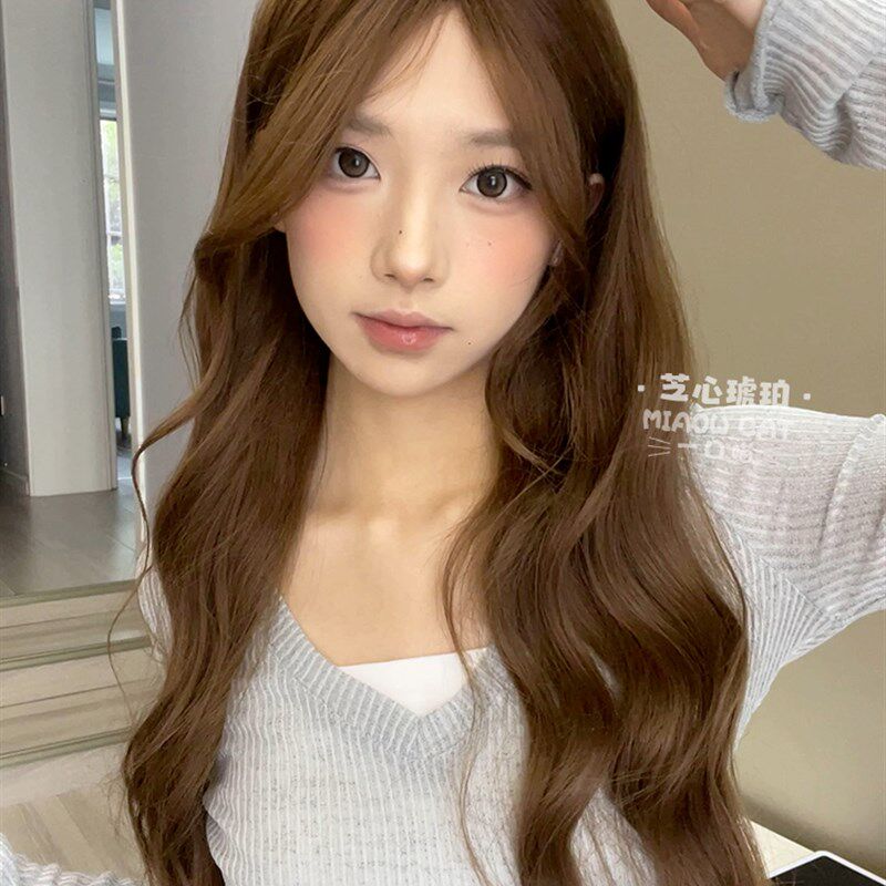一口喵假发女日常网红长卷发新款自然中分甜美全头套【芝心琥珀】