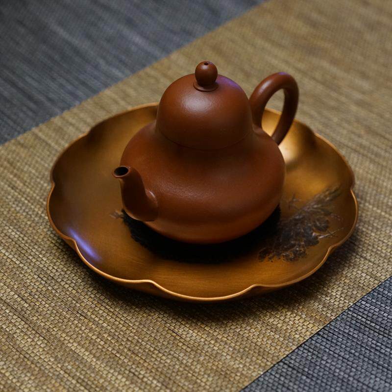 铜契紫铜雕刻荷花壶承花口葵口壶托人文茶道空间茶席铜盘手工制作