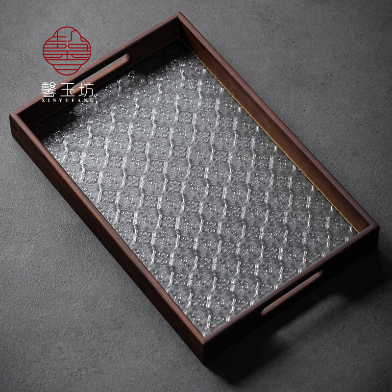 北美黑胡桃木钢化玻璃组合托盘长方形茶具茶盘家用水果点心收纳盘
