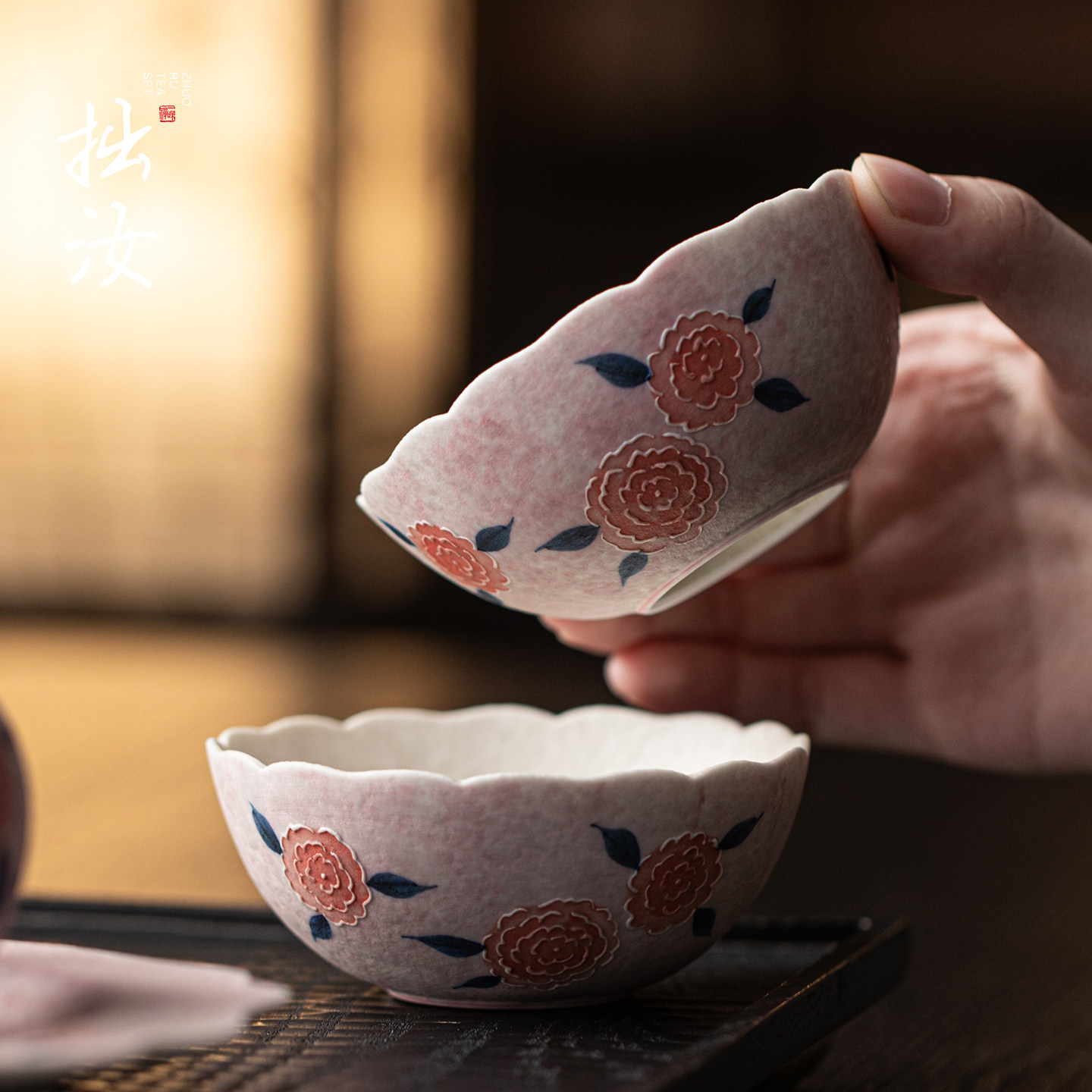 拙汝釉下彩柔雾粉堆绘蔷薇花陶瓷茶杯家用茶具高档功夫茶杯主人杯