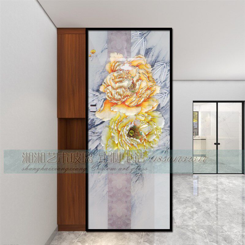 隔断玄关屏风背景墙定做装饰玻璃中式牡丹花浮雕钢化玻璃装饰彩釉