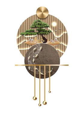 九鱼图玄关装饰画新中式迎客松正对门发光壁画灯山水走廊过道挂画