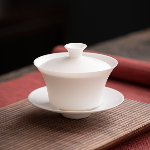 唐舍薄胎羊脂玉瓷盖碗陶瓷泡茶碗三才碗白瓷功夫茶具家用大号茶碗