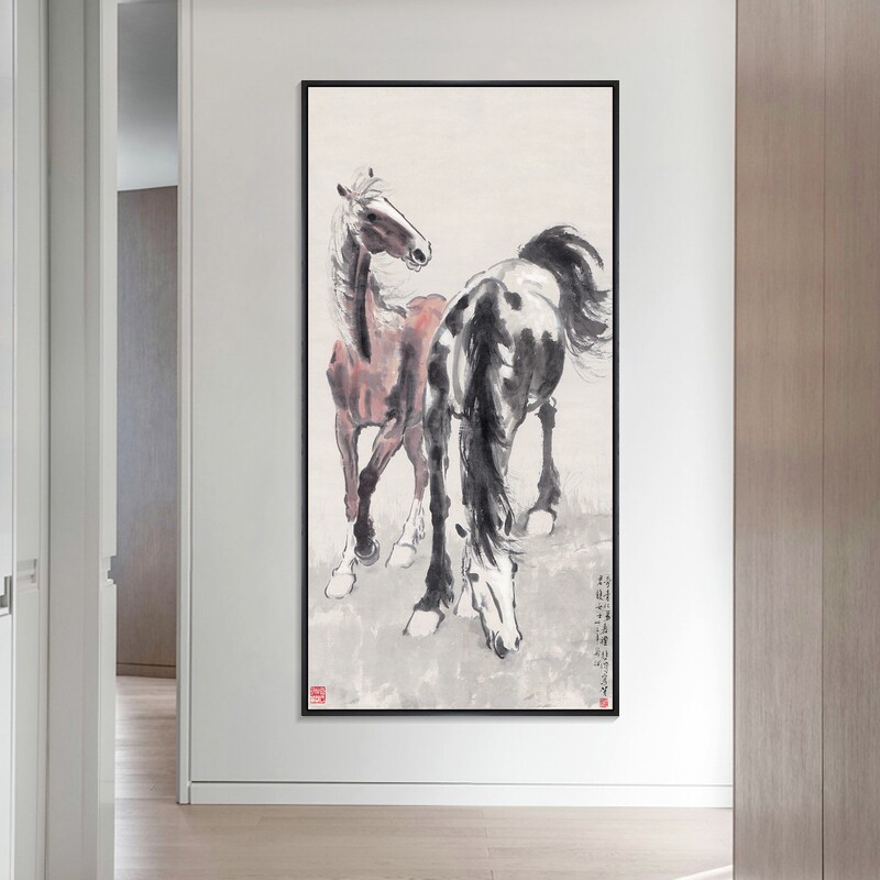 马到成功挂画玄关画马徐悲鸿装饰画骏马奔马图大气客厅过道壁画竖