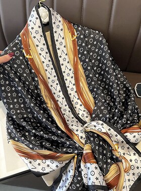 丽锦缎丝巾女士百搭春秋新款防晒印花加长披肩外搭装饰围巾沙滩巾