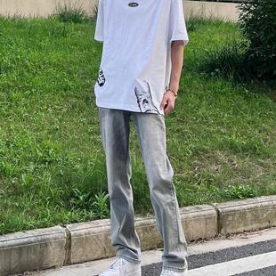 美式青春流行烟灰色牛仔裤 高街风水洗做旧休闲牛仔长裤 男青少年