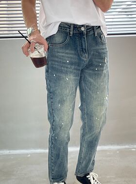 水洗油漆牛仔长裤男修身小脚直筒高端潮牌个性时尚男式休闲裤子