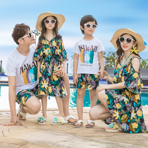 沙滩亲子装夏装新款潮母女母子一家三四口短袖T恤连衣裙海边度假