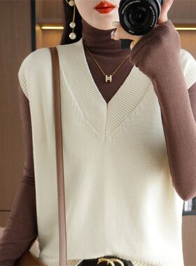 纯棉线V领针织马甲背心女纯色套头无袖毛衣坎肩宽松打底针织衫女