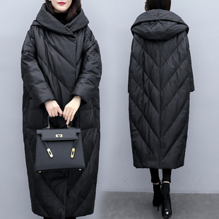 黑色中长款皮衣羽绒服女2021新款冬装韩版宽松时尚加大码加厚外套