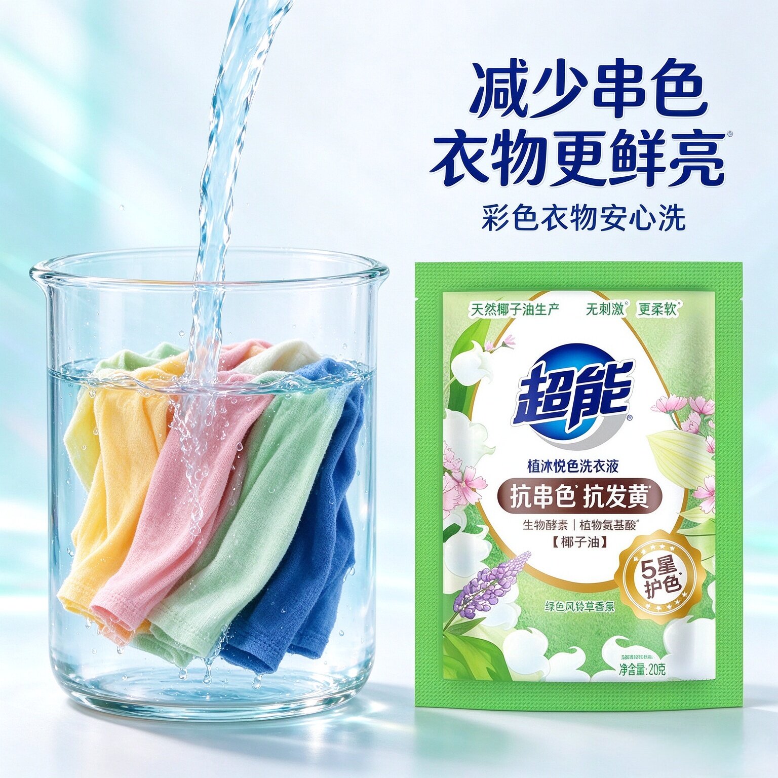 超能植沐悦色洗衣液20g抗串色不褪色衣物护色柔软旅行小包
