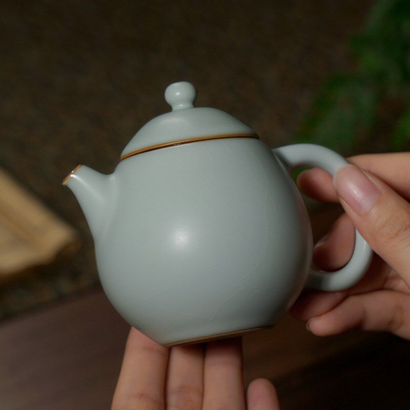 青澹汝瓷龙蛋壶景德镇小茶壶单壶开片可养原矿天青釉手工汝窑瓷器