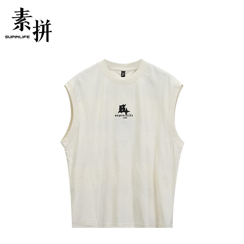 素拼男装夏季潮牌无袖背心休闲圆领日常青年外穿运动男士时尚简约