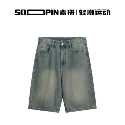 素拼男装夏季休闲宽松五分裤直筒中裤复古水洗牛仔短裤男士百搭