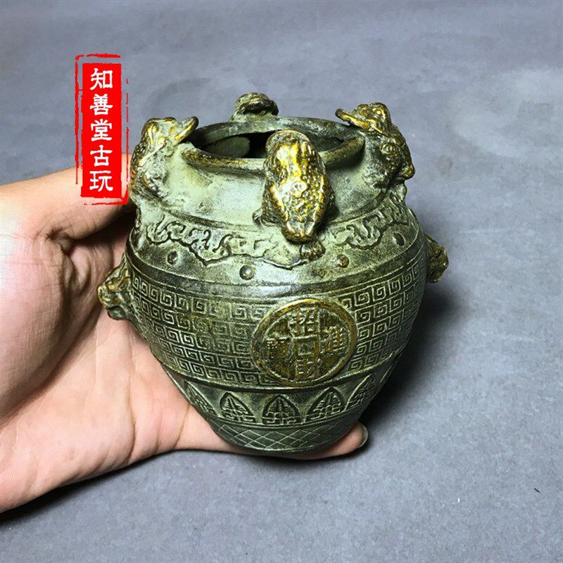 仿古古玩铜器收藏 黄铜铜器 摆件 金蟾貔貅招财铜罐 招财进宝