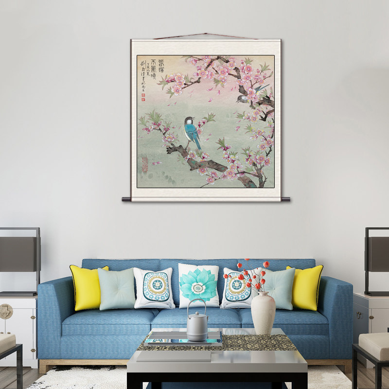 招财桃花小鸟斗方挂画可定制丝绸壁画装饰卷轴装饰玄关壁画名家画