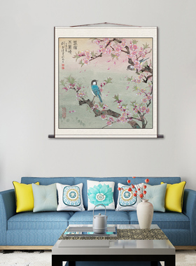 招财桃花小鸟斗方挂画可定制丝绸壁画装饰卷轴装饰玄关壁画名家画