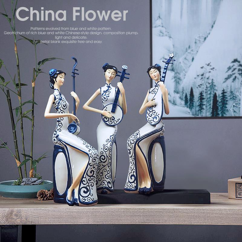 新中式旗袍二胡琵琶乐器仕女装饰摆件中国风家居饰品乔迁新居礼品