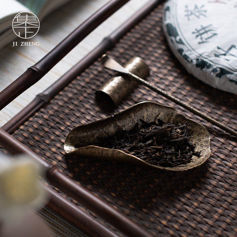 集正 铜制茶荷茶则茶艺工具 纯铜复古手工锤纹茶夹杯夹茶具零配件