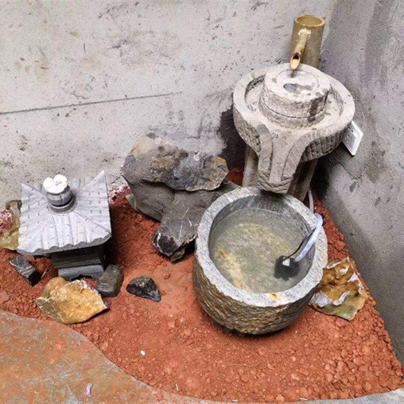 老旧石槽猪槽石磨金蟾流水景室内木架石头鱼缸养鱼池花盆石雕摆件