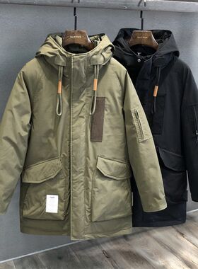 罕见重磅潮牌军绿工装羽绒服男士中长款冬季加厚保暖外套男冲锋衣