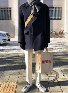 毛呢外套男短款韩版冬季加厚羊绒宽松双排扣英伦风男士呢子大衣潮