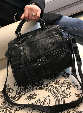 包包女2021新款潮软皮流苏单肩包韩版拼接手提包百搭斜挎包机车包