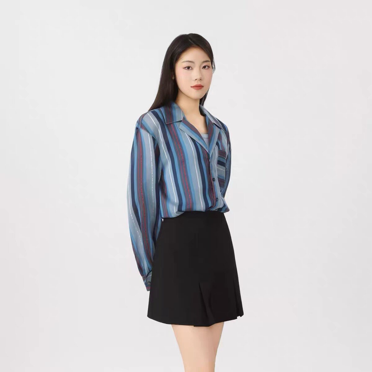 阿玛施复古拼色竖条纹桑蚕丝宽松V领单排扣衬衫 530065-1P26642