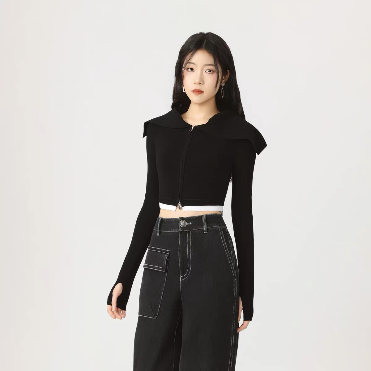 阿玛施时尚潮流美式辣妹风大翻领拉链设计短外套548034-1T69211